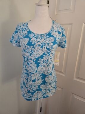 Jones New York Sport Turquoise Floral Stretch Scoop Neck Tee Sz (Med)